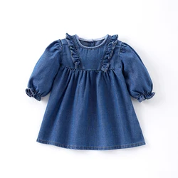 Baby Children's Long Sleeve Denim Dress 0-6Y Spring Autumn Korean Girls Clothes Cute Double-layer Ruffled Design Girls Dress