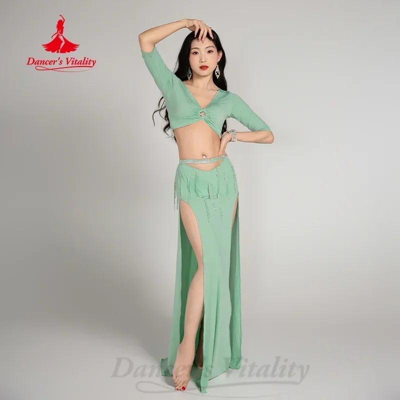 

BellyDance Training Suit V-neck Half Sleeve Top+Sexy Split Long Skirt 2pcs Women's Oriental Dance Professional Practice Clothes