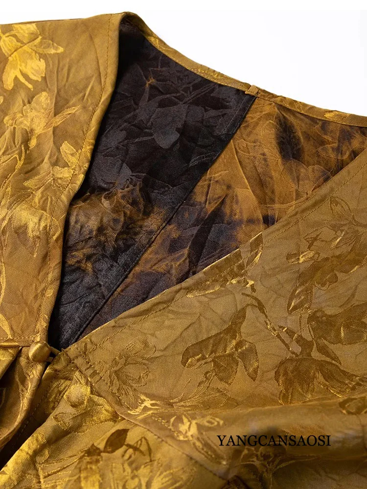 Rich Gold Grass Stained Double Sided Breathable 100% Natural Mulberry Silk Gambiered Guangdong Gauze Batwing Sleeve Loose Coat