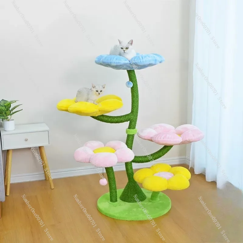 Flower Cat Tree with Sisal Scratching Posts, Multi-Level Cat Tower with Cozy Condo & Toys for Indoor Cats