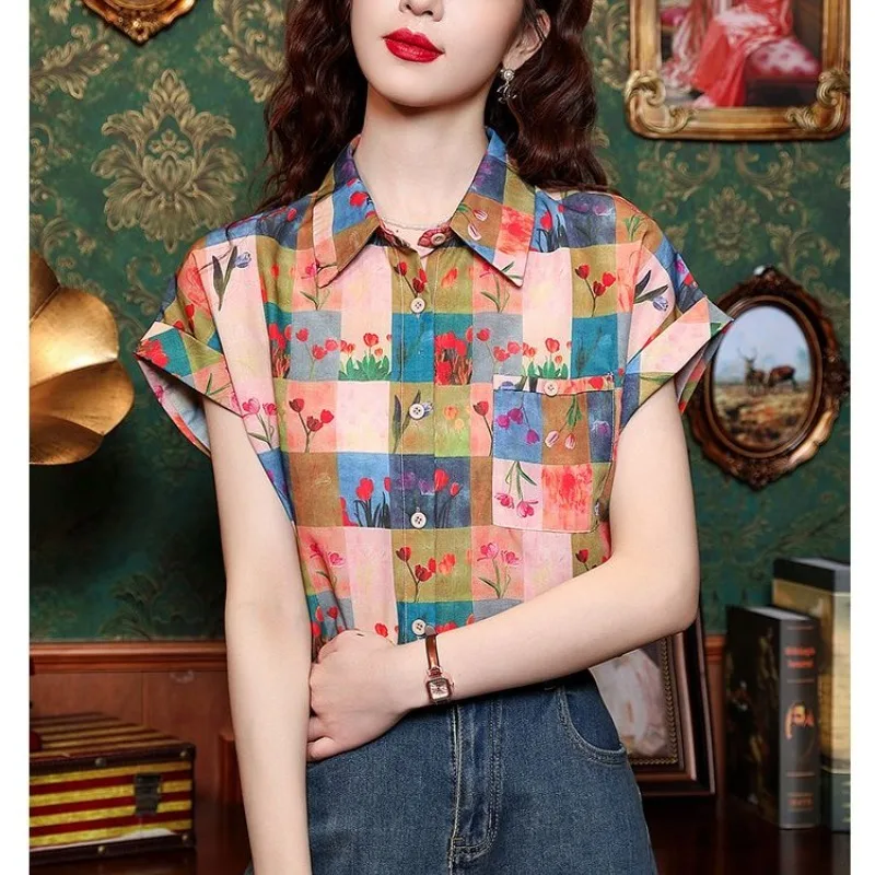 Summer Turn-down Collar Plaid Short Sleeve Pockets Contrast Color Plant&Flowers Printing Women\'s Cardigan Shirt Casual Tops