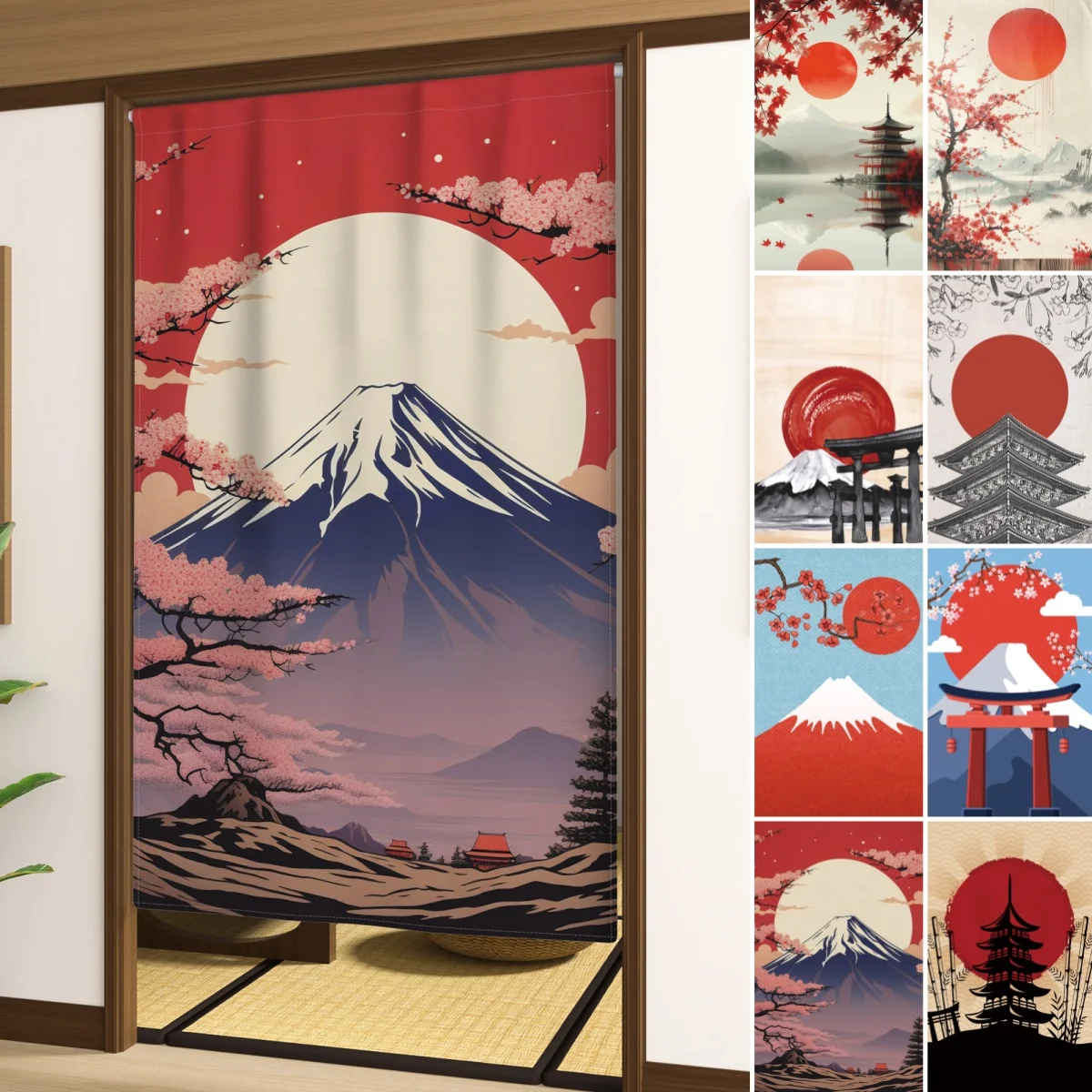 Japanese Door Curtains Mount Fuji Doorway Partition Curtains Red Sun Cherry Blossoms Kitchen Bedroom Decor Single Piece Curtain