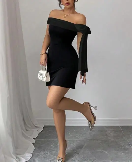 

Women's Elegant One Shoulder Patchwork Ribbon Black Slim A-Line Dress 2026 Summer Temperament Female Fashion Slimming Dresses