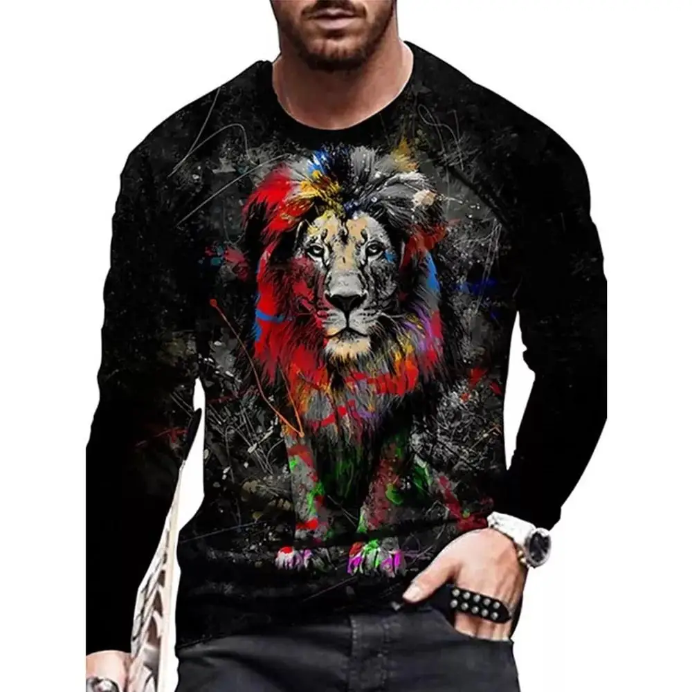

Long Sleeve Lion Abstract Pattern Mens Street T Shirt Spring Autumn 3d Animal Print Fashion Y2K Street Loose Mens Casual Top