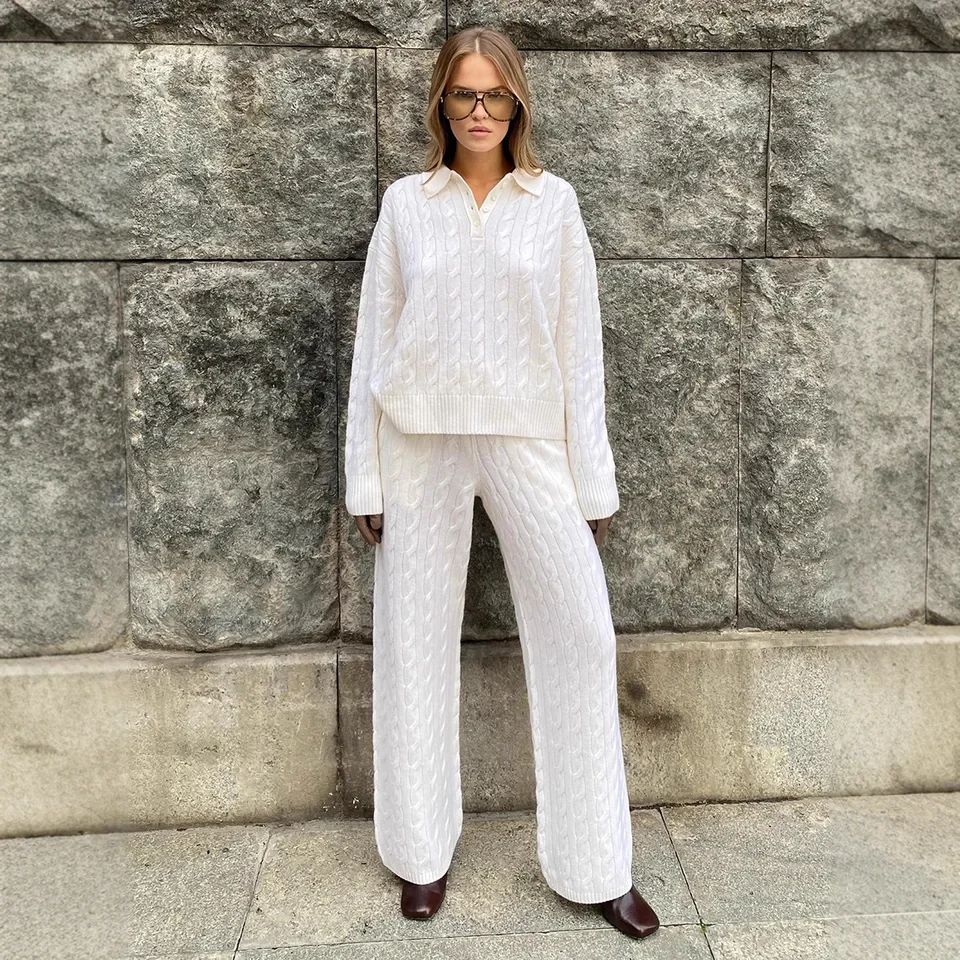 2025 Autumn Winter New Turn Down Collar Cable Knit Sweater Wide Leg Long Pants Two Piece Set Women Multiple Colors Available