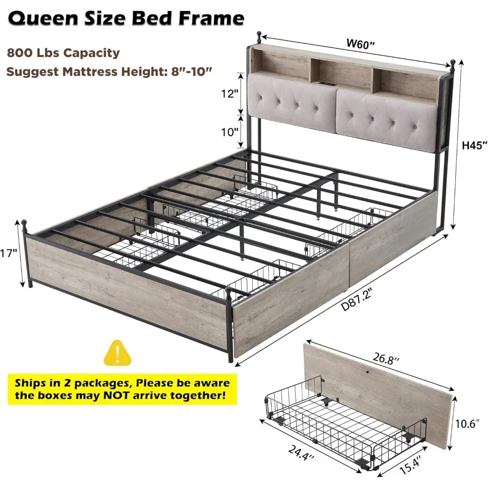 Queen Bed Frame with Upholstered Headboard Storage Drawers, Charging Station and LED, No Box Spring Needed，Bed Frame