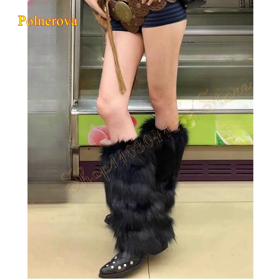 Winter Furry Knee High Boots,Pointed Toe Leather Women Boots Studded Chunky Heel Boots Plus Size 2023 New Zapatos Para Mujere