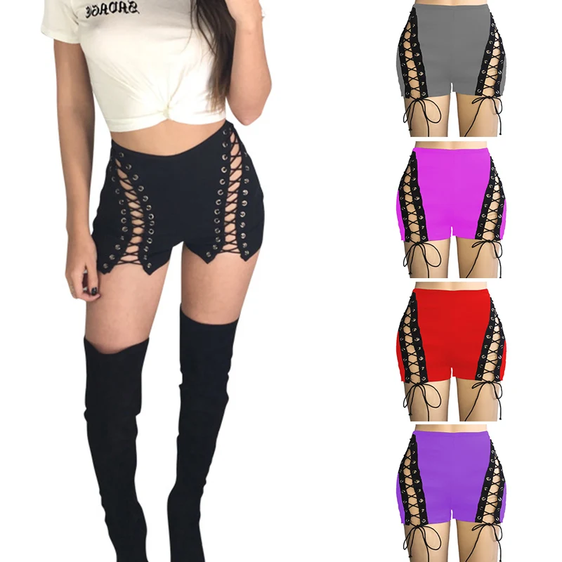 Ropa de Rave para mujer, pantalones cortos vaqueros con vendaje Sexy, ropa de calle de cintura alta ahuecada, pantalones cortos vaqueros ajustados