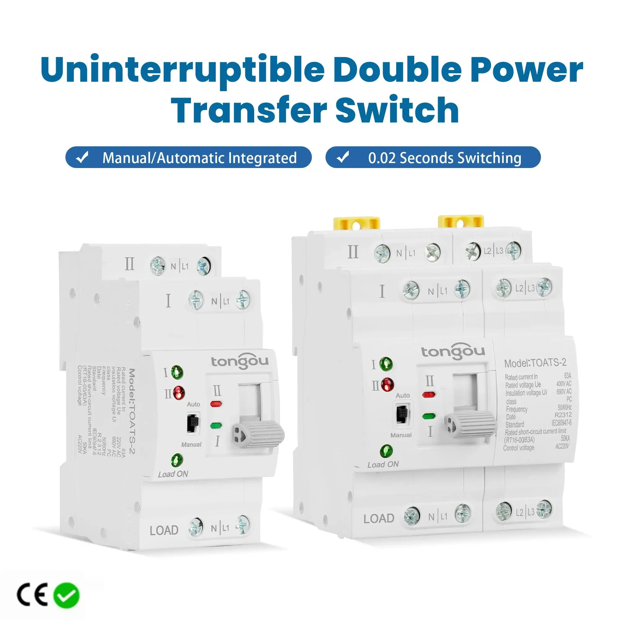 NEW TONGOU Din Rail 2P 4P ATS Dual Power Automatic Transfer Switch Electrical Selector Switches Uninterrupted Power 63A