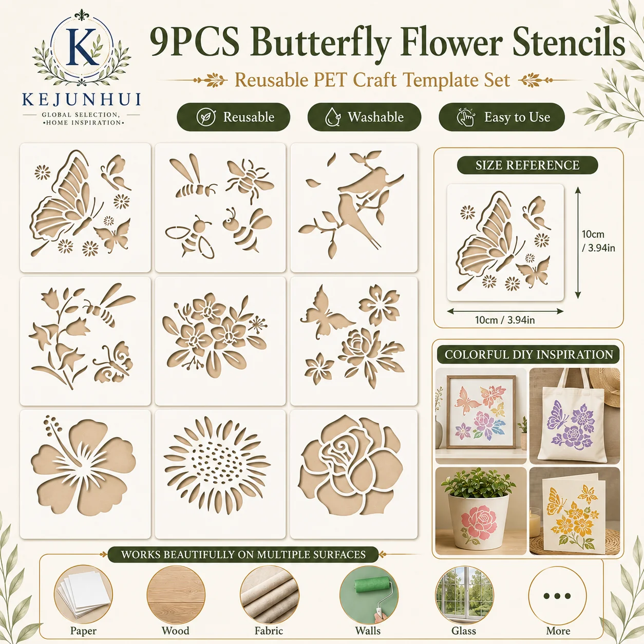 9pcs Flower Templates, Reusable Spring Natural Templates, DIY Craft Templates for Painting on Wooden Walls, Canvas Home Decor