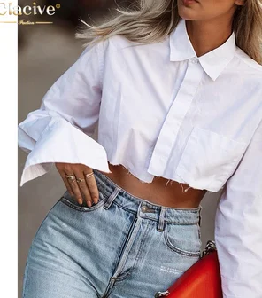 Women Crop Shirt,Turn Down Collar Exposed Navel Solid Color Irregular Design Spring Clothing