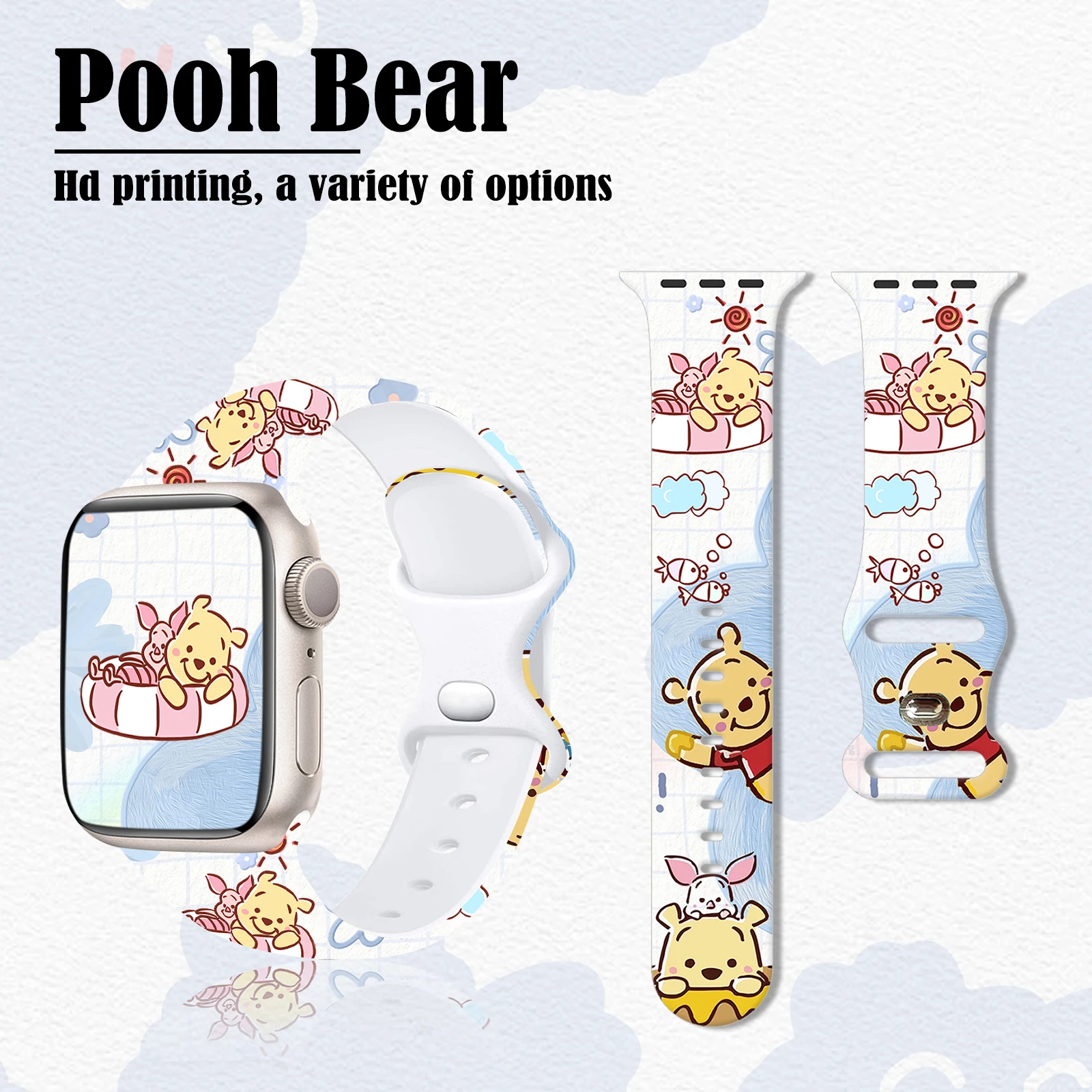 Disney Pooh Bear Silicone Strap for Apple Watch 45mm 44mm 42mm 41mm Band Replaceable Bracelet for iWatch 9 8 7 SE 6 Watchband