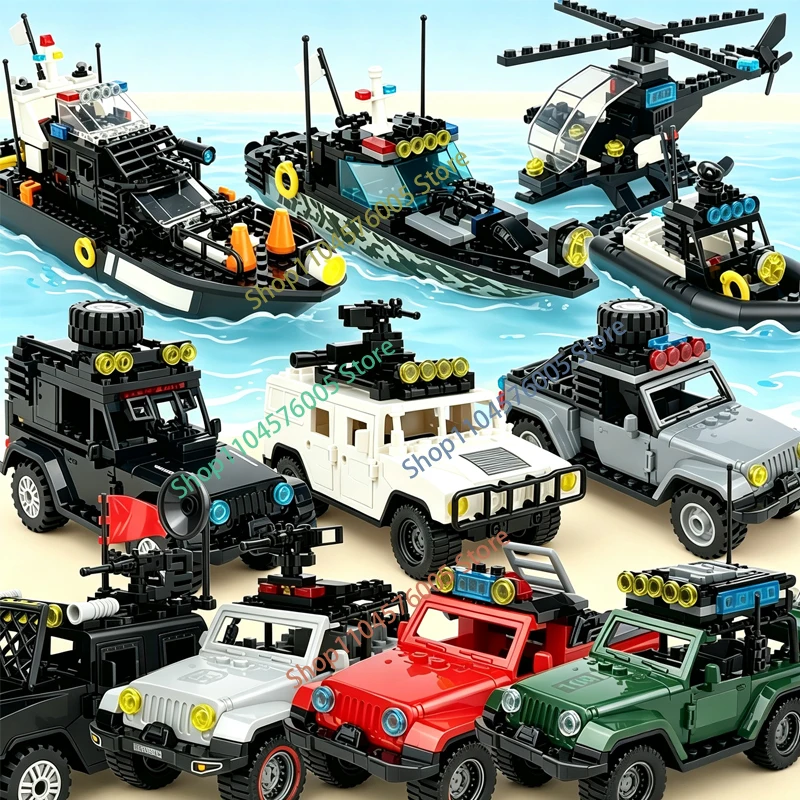 MOC Military Building Blocks Rescue Vehicles Patrol Car City Trucks Submachine Patrol Ship Helicopter Brick Boys Toys Gifts T33