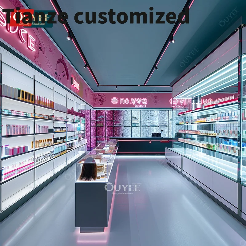 วิกผมชั้นวาง Display Parfum แก้วชั้นวางเครื่องสำอางบริการออกแบบ Customized-3D ร้านสีชมพู