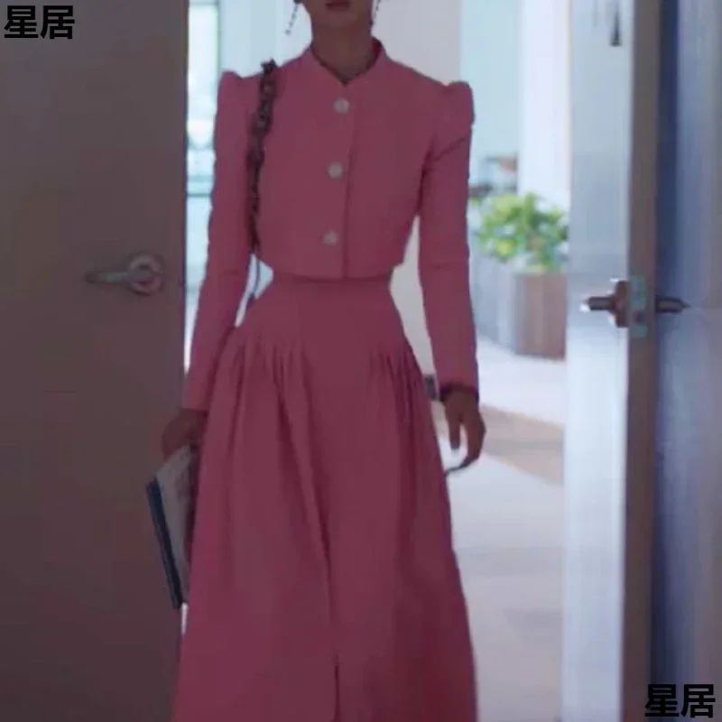 

Kpop Korean Singer Women Jazz Stage Performance Outfits Pink Short Coat Slim Tops High Waist Long Skirts Birthday Party Clothing