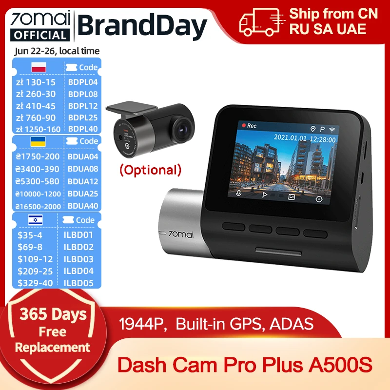 70mai Dash Cam Pro Plus A500S 1944P ADAS GPS Camera 70mai Front Cam A500S 140FOV Car DVR 24H Supporto di parcheggio Cam interna posteriore