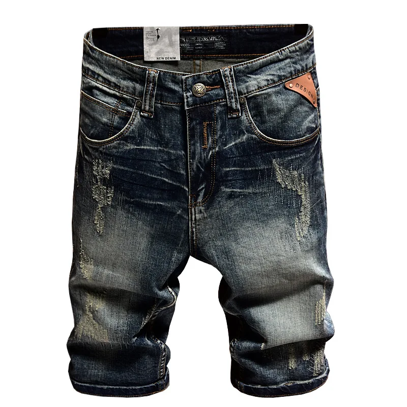 Summer Denim Shorts Men\'s Stretch Ripped Slim Fit Retro Washed Street Fashion Trends Nostalgic Motorcycle Shorts