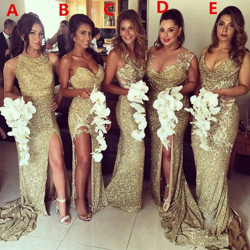 

Sparkly Bling Gold Sequined Mermaid Bridesmaid Dresses Backless Slit Plus Size Maid Of The Honor Gowns Wedding Dress