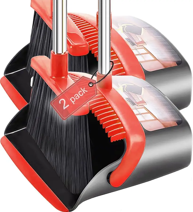 

2-Pack Broom and Dustpan Set with 52" Long Handle, Self-Cleaning Teeth, Ideal for Indoor/Outdoor Use (Large/Red)