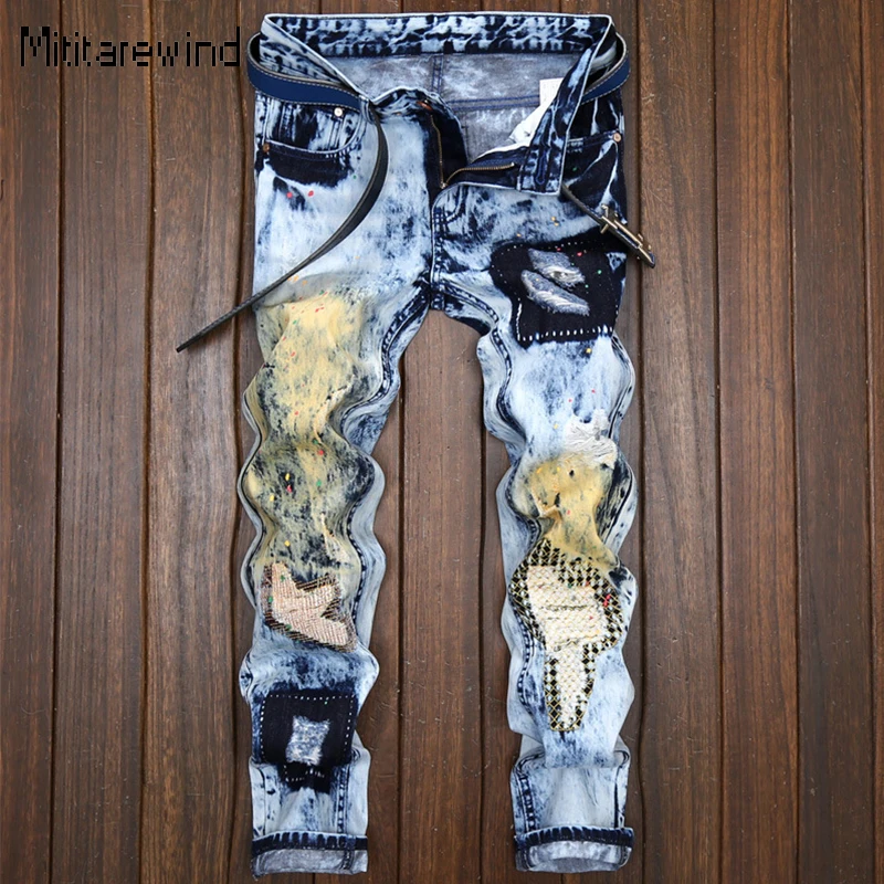 

New Splash Ink Ripped Jeans for Men Hip Hop Straight Jeans Distressed Contrast Color Patches Slim Jeans Youth Fashion Pants Y2k