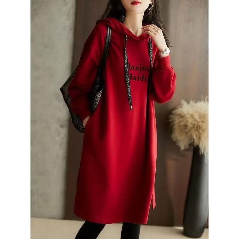 

Women's Autumn and Winter New Fashion Elegant Print Hooded Pullover Loose Long Sleeve Casual Commuter Mid length Straight Skirt