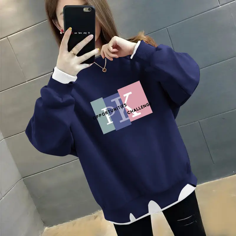 Fashion Loose Printed Hole Fake Two Pieces Sweatshirts Female Clothing 2023 Autumn Winter Casual Pullovers Irregular Sweatshirts