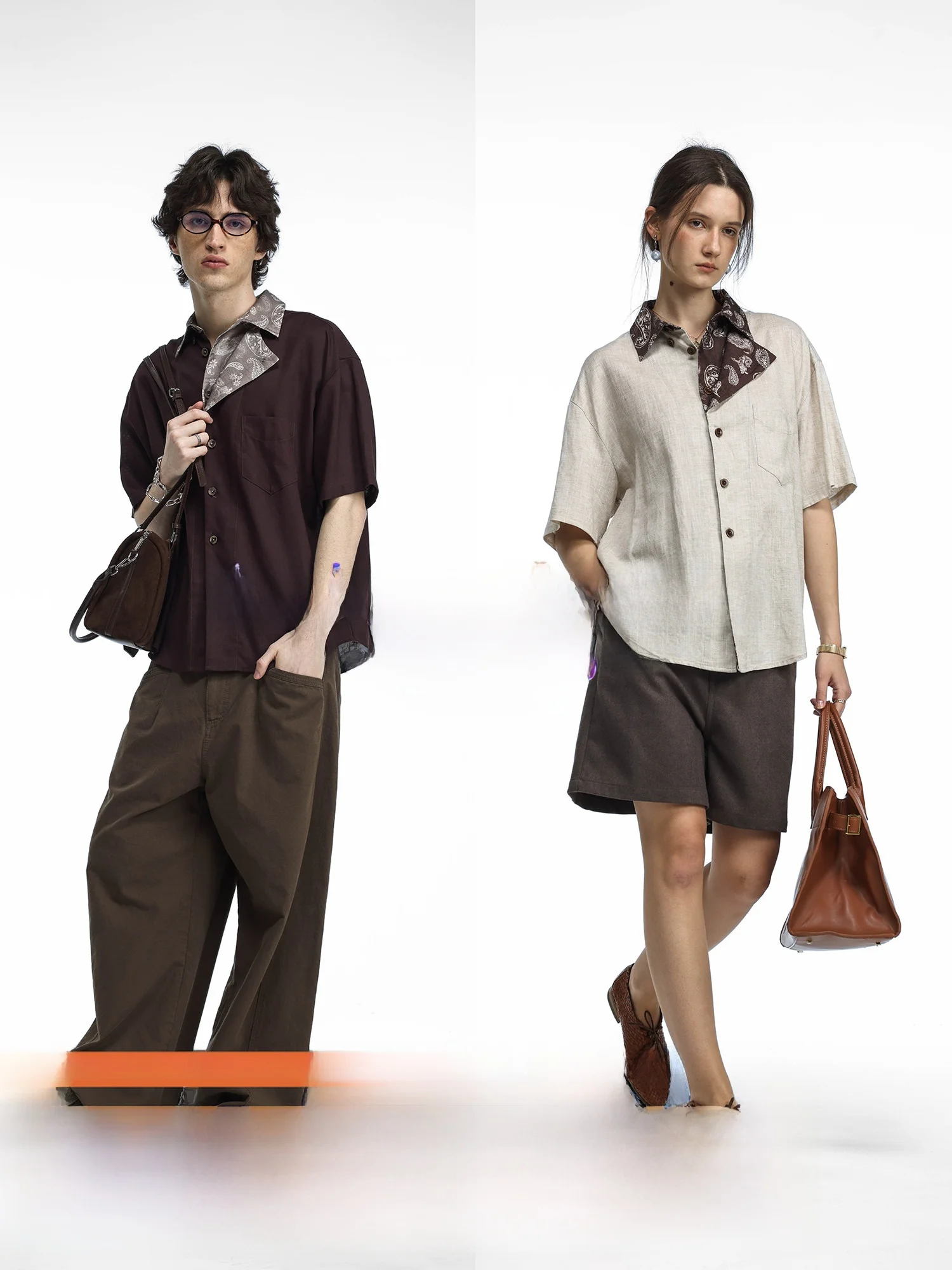 

UnvesnoUN Mixed Fiber Linen Shirt Double Button Middle Age Walnut Flower Leserel Loose Fit Fashion Urban Style Short Sleeve