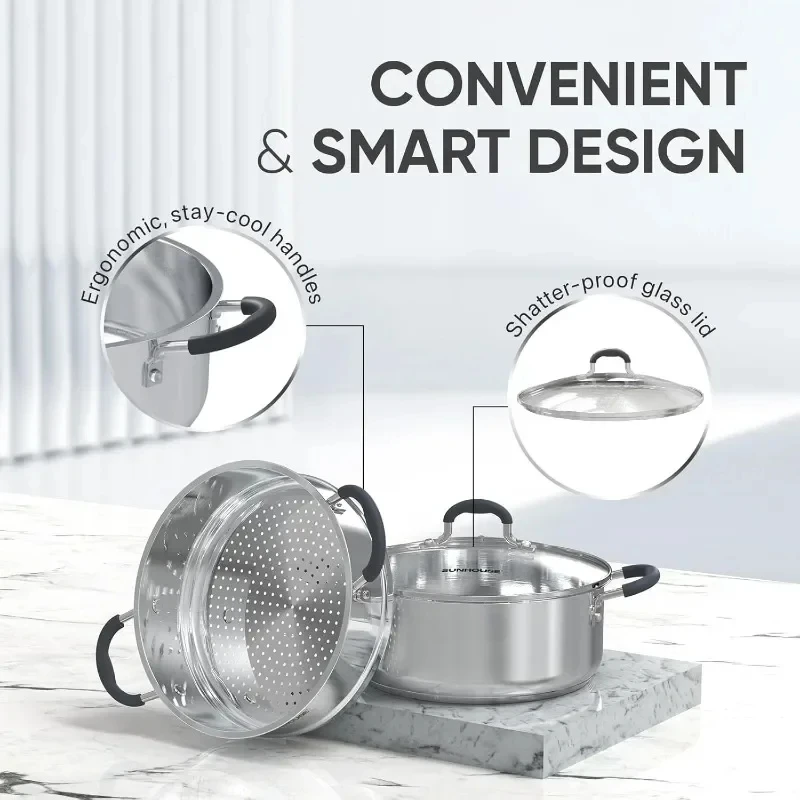 Steamer with Lid Multi-Purpose Stainless Steel Steamer Cookware for Vegetables Dumplings Sauces  Food