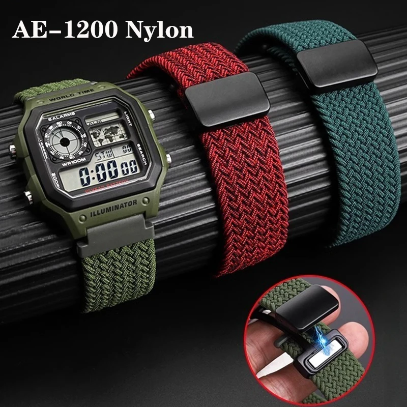 For Casio Woven Strap A158 A159 A169 AE-1200 AE1200 AE1300 F91w SGW-300/400 AQ-150W Sport Wristband Magnetic Clasp Bracelet 18mm