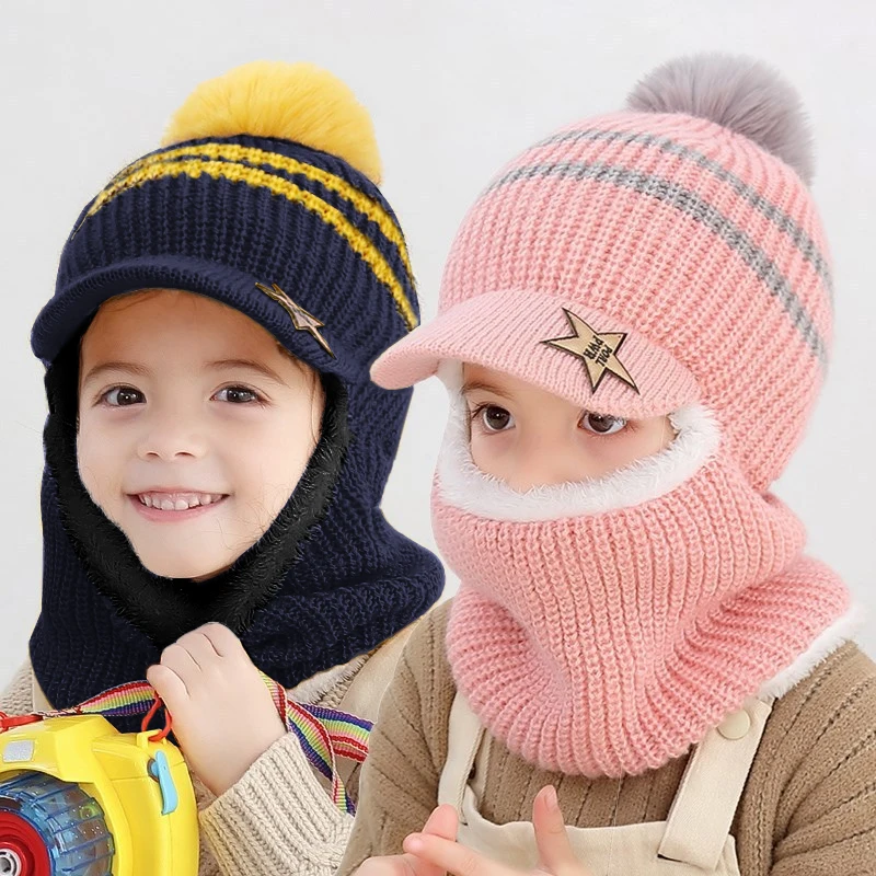 Gorro de bola de lana de punto de terciopelo grueso para niños, bufanda cálida para niñas, gorro de cobertura para niños, versión coreana, lindo y dulce, Invierno