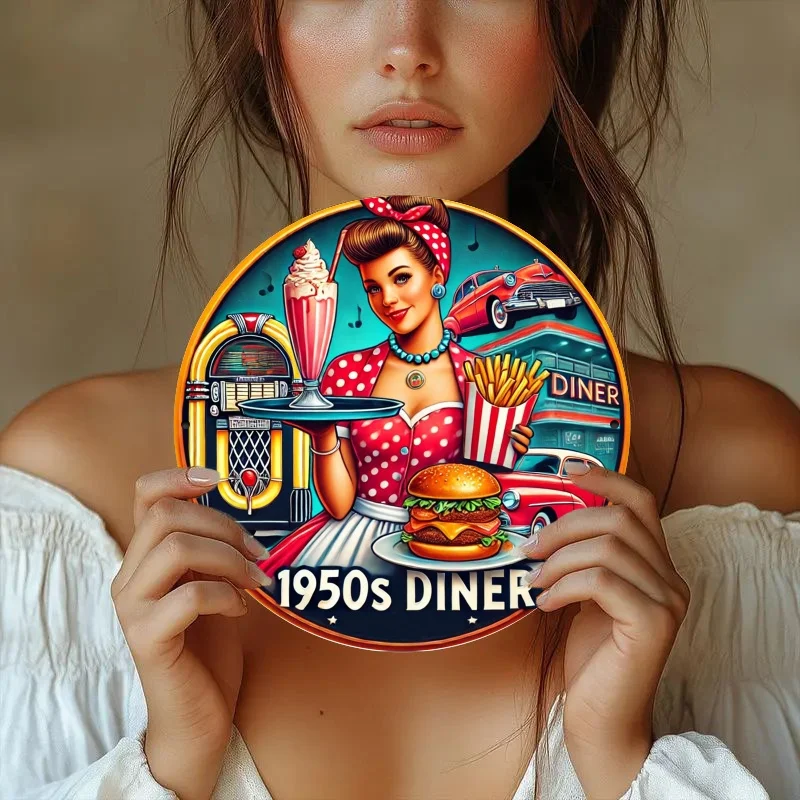 2D Flat, 1pc Vintage 1950s Diner Waitress Sign Round Metal Wall Decor - Nostalgic Restaurant Decoration, Aluminum Washable Reusa