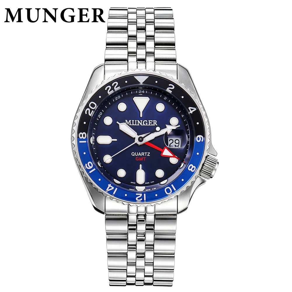 MUNGER 42mm Men's Analog Watch GMT 515-24H Watch BGW9 Luminous 100m Waterproof Stainless Steel Men's Quartz Watches