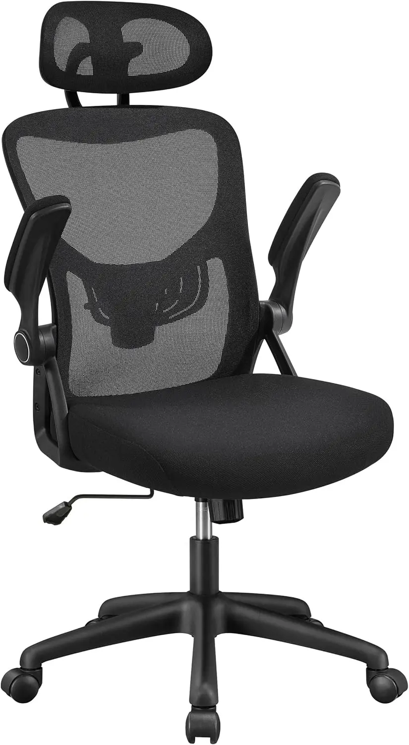 Bürostuhl, Computer-Schreibtischstuhl mit klappbaren gepolsterten Armlehnen und verstellbarer Kopfstütze mit hoher Rückenlehne, ergonomischer Arbeitsstuhl