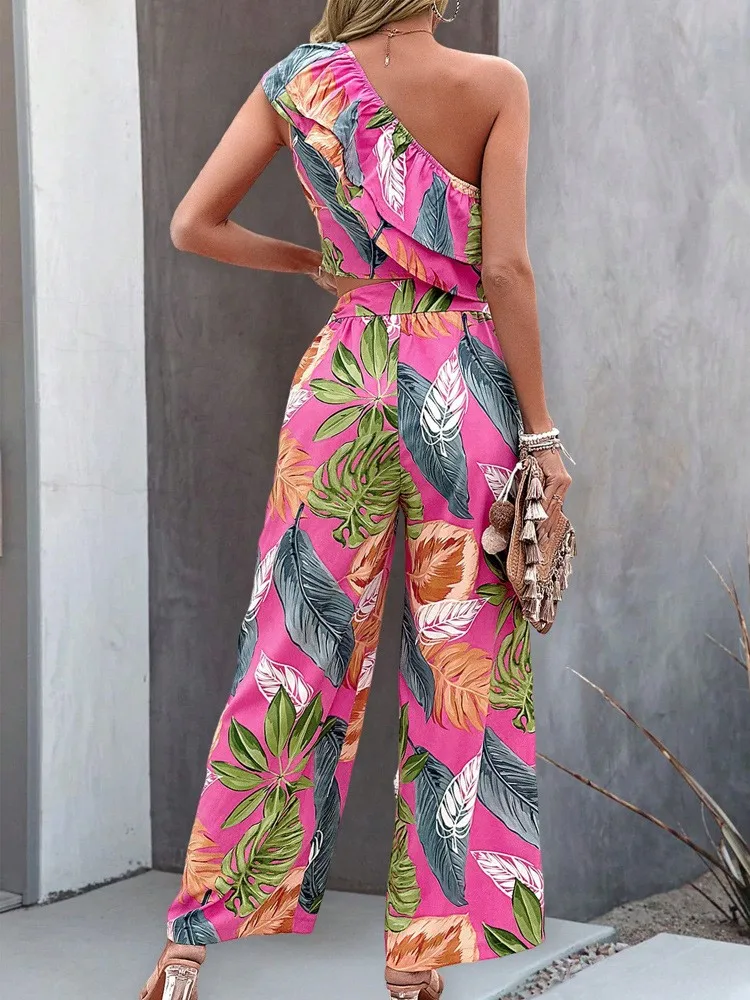 Women Vacation Two Piece Set 2025 Summer Off Shoulder Print Color Colorful Sleeveless Top High Waist Wide-Leg Pants 2 Piece Sets