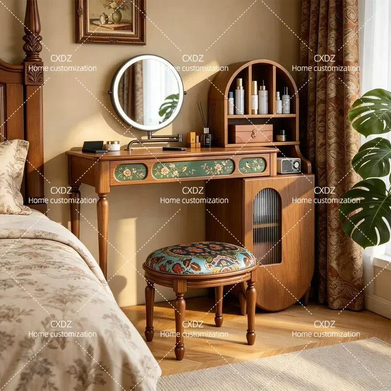 American Retro Solid Wood Dresser with Floral Pattern Multi Functional Storage Cabinet Makeup Table with Carved Side Cabinet