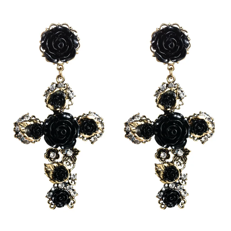 Japanese And Korean Earrings Female Fashion Temperament Baroque Rose Flower Cross Shaped Long Earrings Retro Earrings