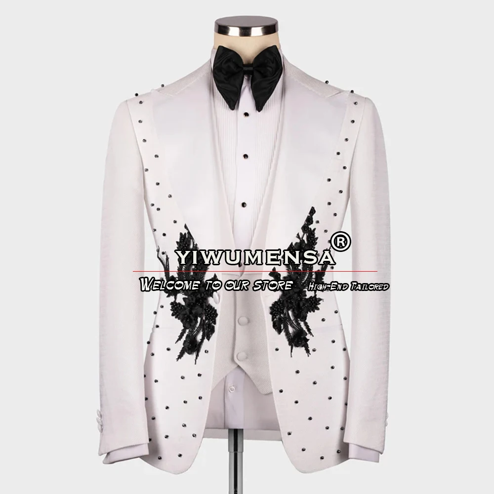 

Luxury White Men's Suits Slim Fit Black Appliques Pearls Blazer Tailored 3 Pieces Groom Wear Wedding Tuxedo Prom Dress Elegant