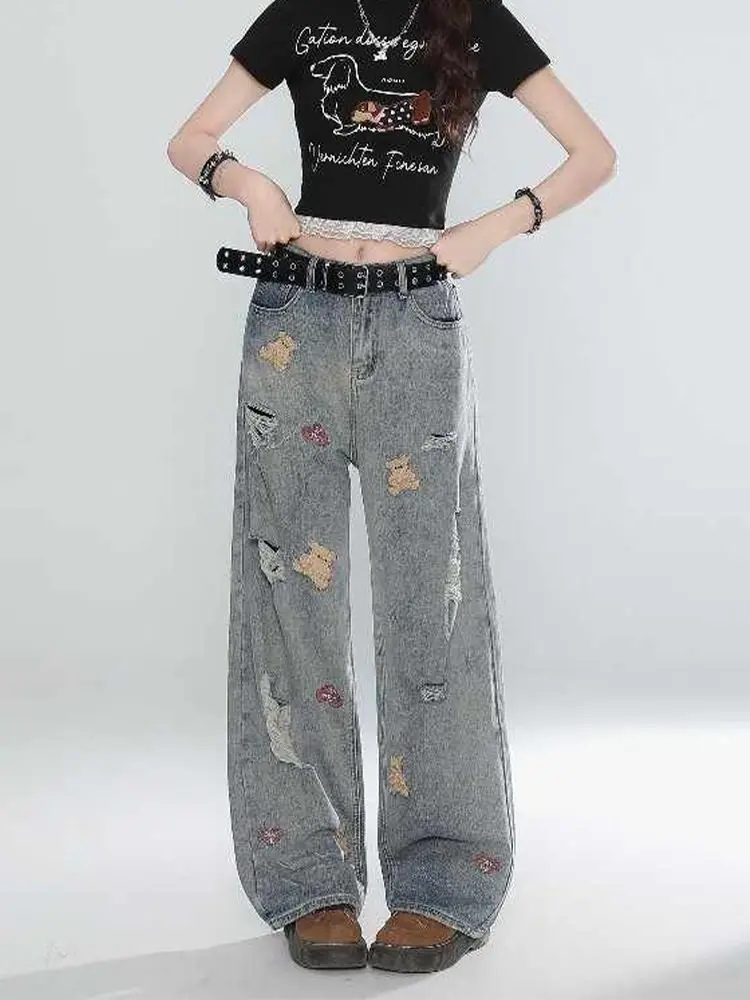 

Женские винтажные рваные джинсы с синим медведем и вышивкой, высокая талия, широкие джинсовые брюки в американском стиле ретро 2000-х годов, уличная одежда, прямые джинсы