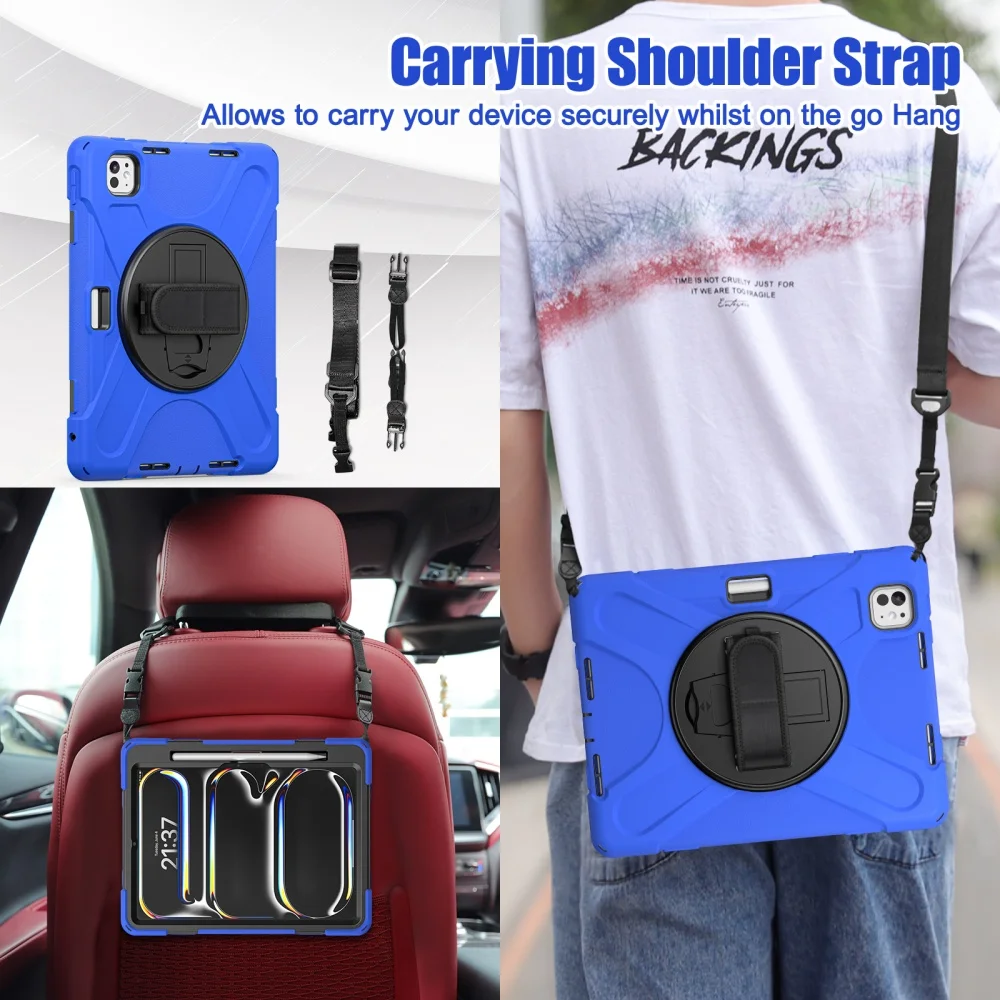 حافظة أنبوبية عالية القوة لجهاز iPad Pro 2024 مقاس 11 بوصة Pro 13 بوصة M4 غطاء هجين شديد التحمل مع حامل قلم رصاص بحزام كتف