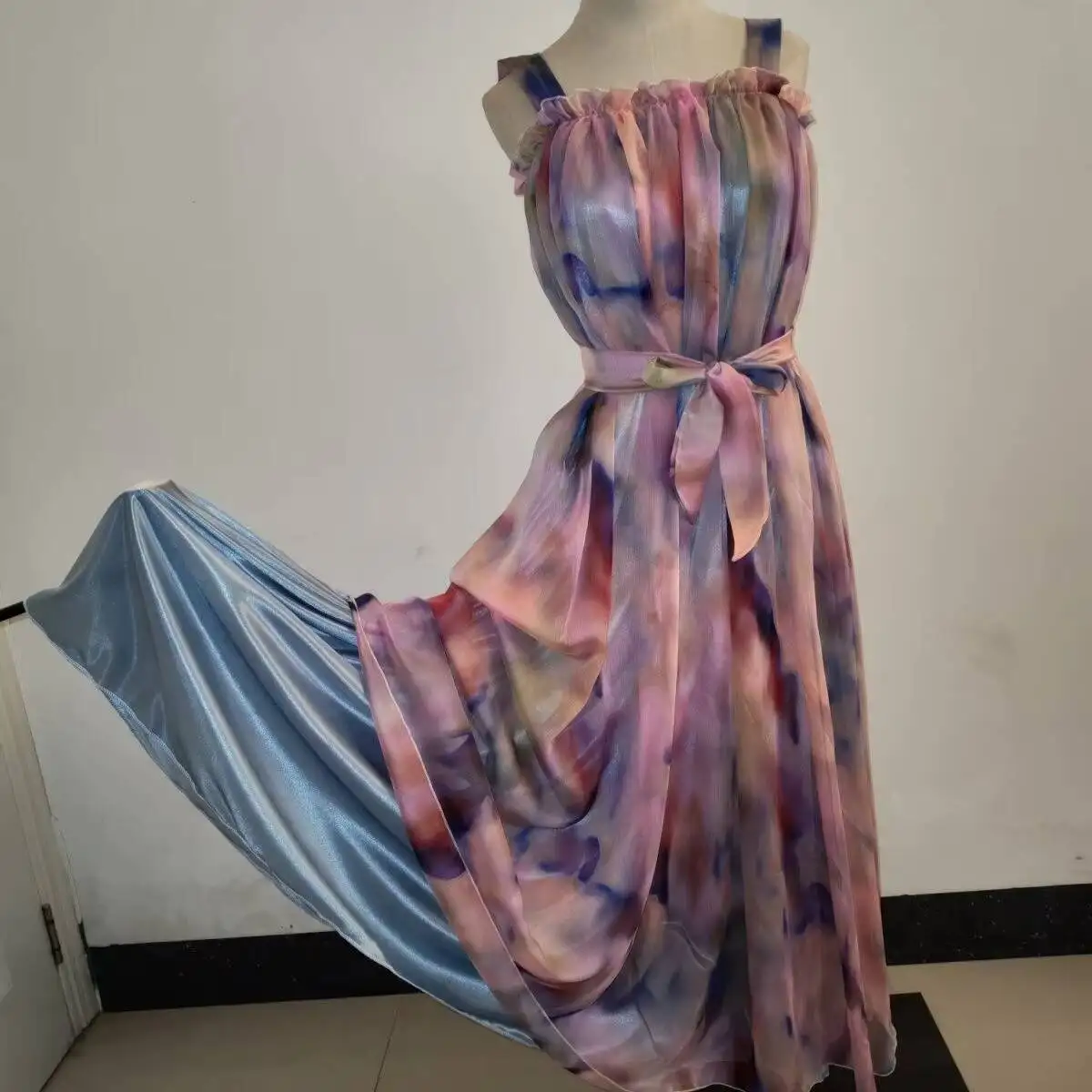 

Double Layers Glossy Women Satin Mesh Voile Long Dress Maxi Dress Floral Print Pullover Elegant Dresses Sleeping Wear