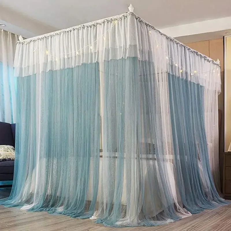 Canopy Bed Curtains for Girls Blue and White Cozy Drape Netting 4 Openings Mosquito Net Bedroom Decoration Accessories