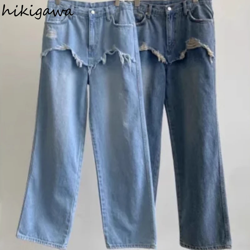 Vintage y2k jeans feminino streetwear moda calças de perna larga coreano casual pantalon femme retalhos buraco calças jeans retas