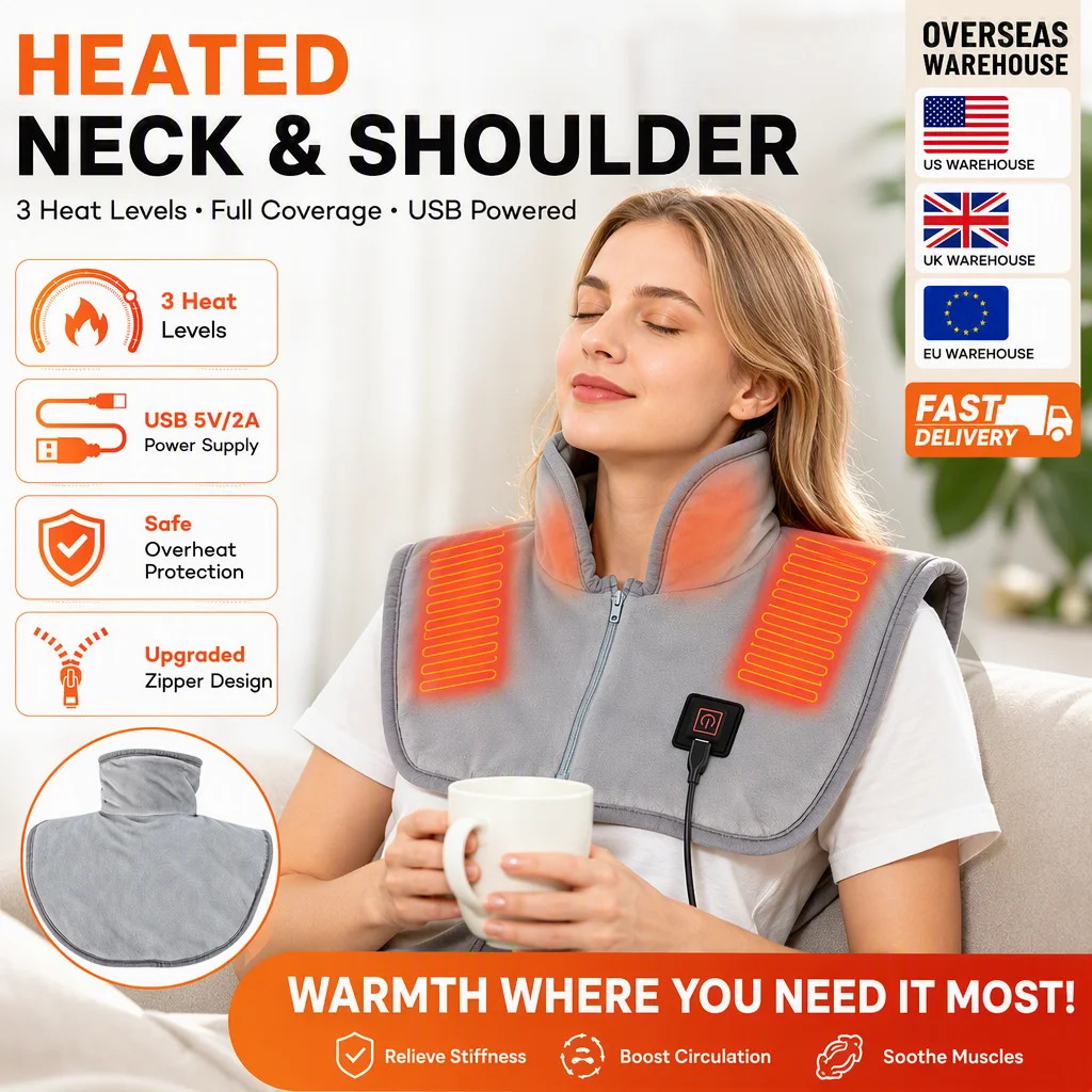 Cuscinetto riscaldante elettrico per spalle e collo con 3 livelli di calore, impacco caldo morbido, cuscinetto riscaldante rapido per collo e spalle.