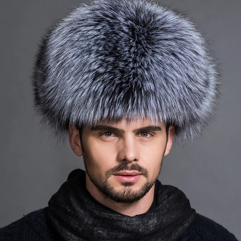 Winter Men\'s 100% Real Silver Fox Fur Aviator Bomber Hat Raccoon Fur Ushanka Cap Trapper Russian Man Ski Hats Caps Real Leather