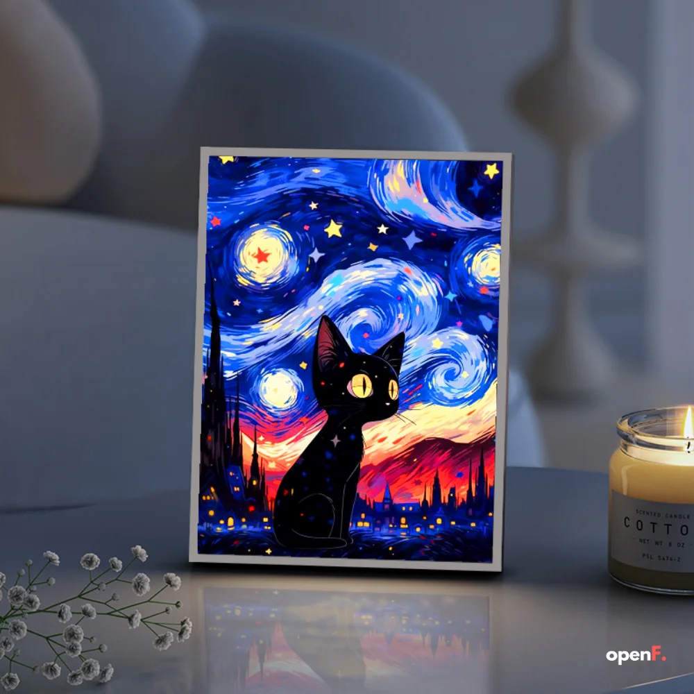 Van Gogh starry night light kitten,romantic art home decoration photo frame luminous painting,USB dimming cute table lamp gift