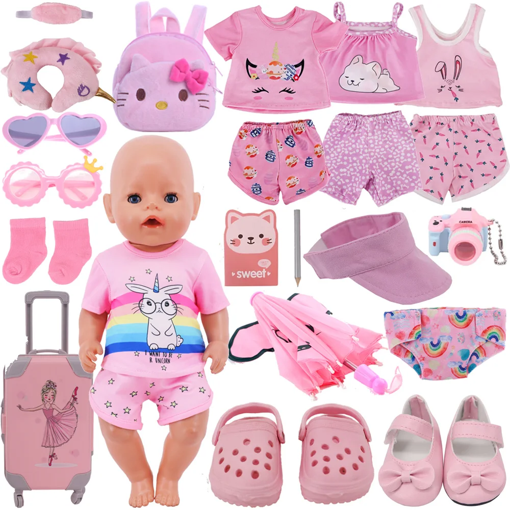 Doll Clothes Pink Shorts Short Sleeve Set For 18Inch American&43CM Reborn Baby Pop Doll Clothing Accessories For Girl\'s Toy Gift