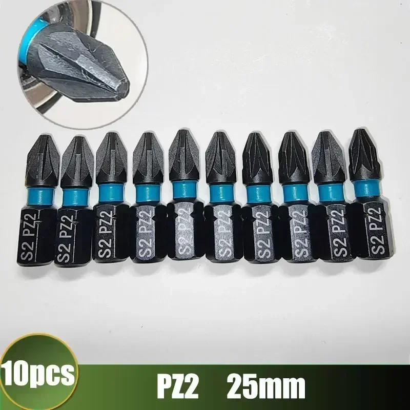 10PCs 25mm PZ1/PZ2/PZ3 S2 Alloy Steel Precision Screwdriver Set of Bits for Drill Impact Screwdriver Hex Shanked Magnet