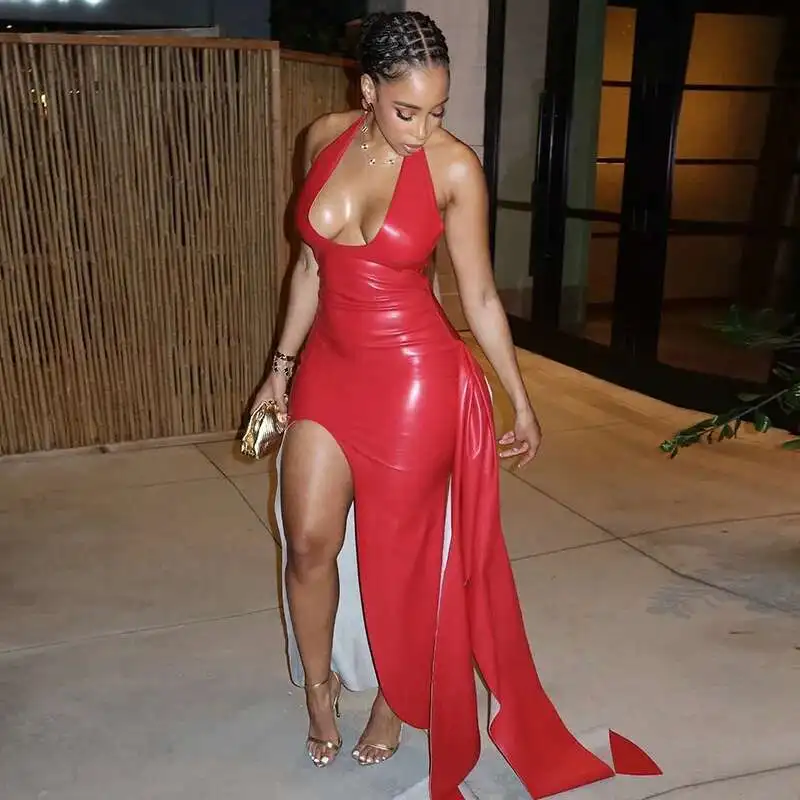 

Y25ds0072025 Spring New Women's Sexy Tight Hanging Neck Drawstring Leather Jumpsuit 2025 Summer Dress Robe Vestido Women Party