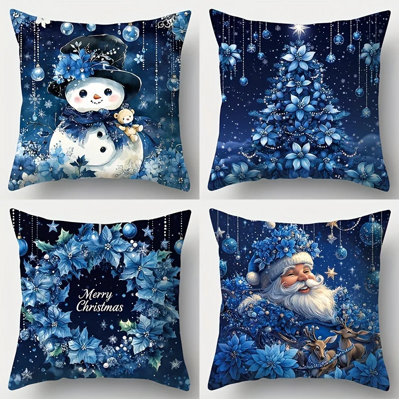 

4pcs Christmas Pillow Covers – Snowman, Santa & Holiday Print, Decorative Cushion Covers for Sofa, Living Room & Bedroom