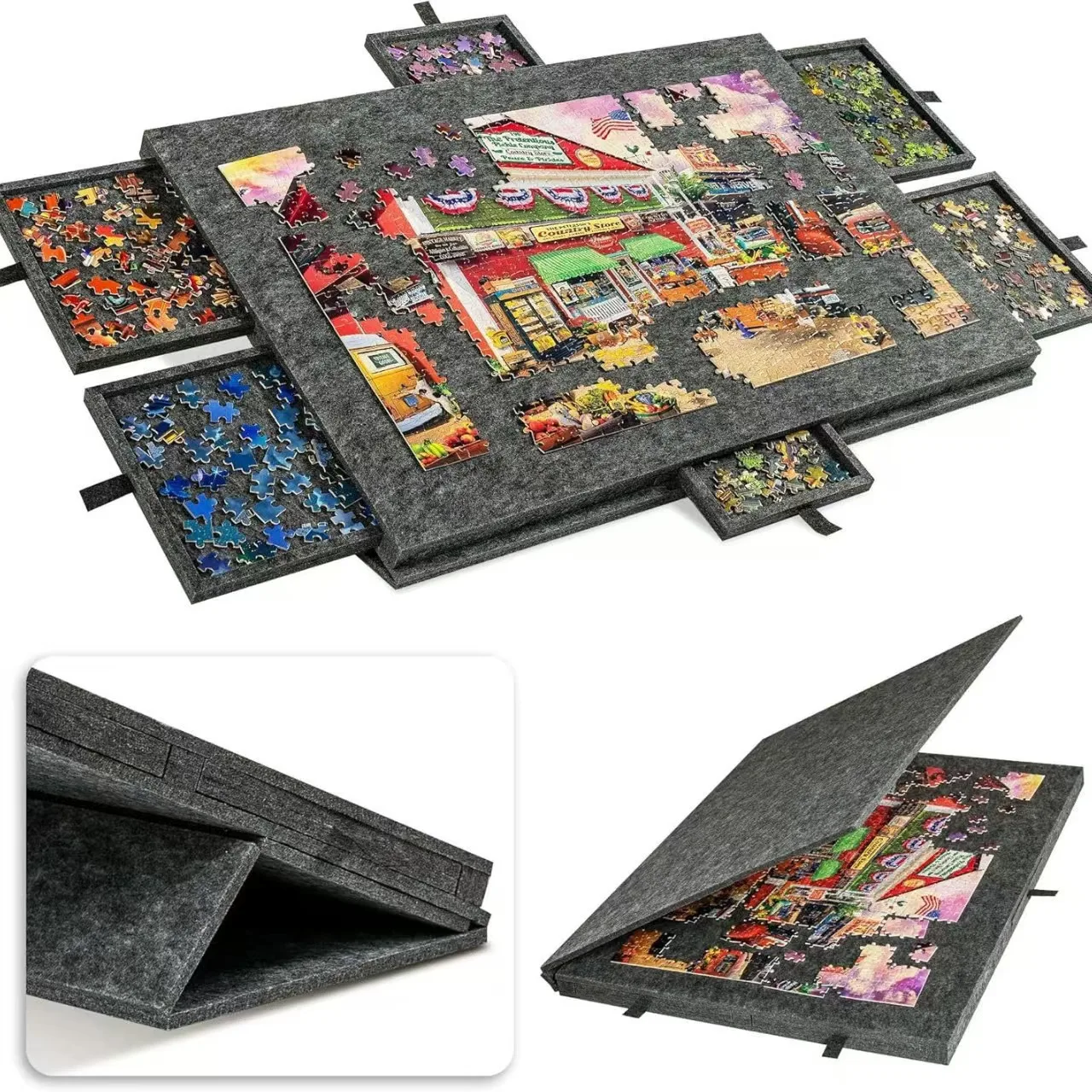 Felt Puzzle Table Classification Board, Foldable With Bracket Cover 6 Drawers Portable Children's Puzzle Boards 77x53.6x4.2cm